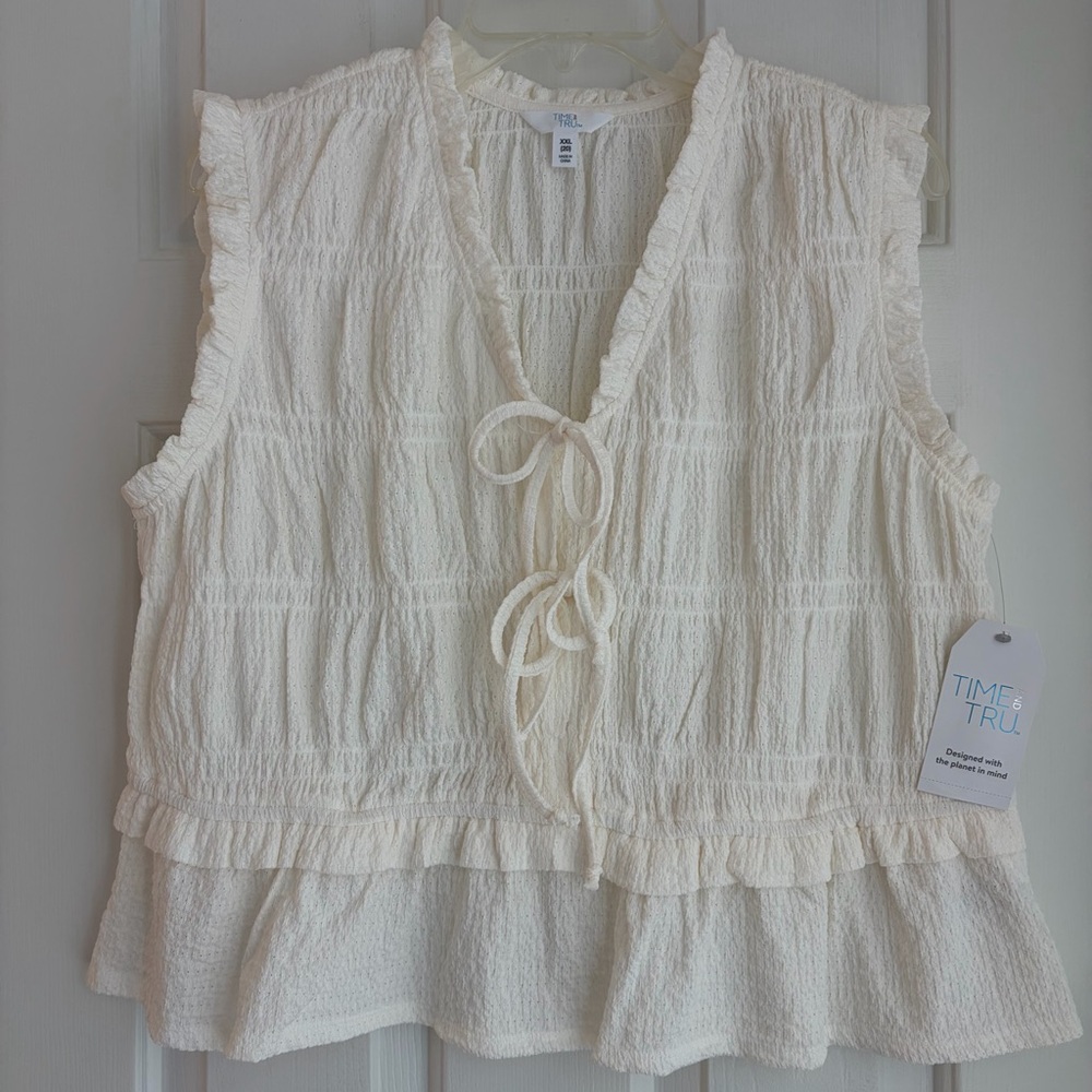 Textured Tie Front Sleeveless Blouse Ruffled Trim White Cream Size XXL 20 2X